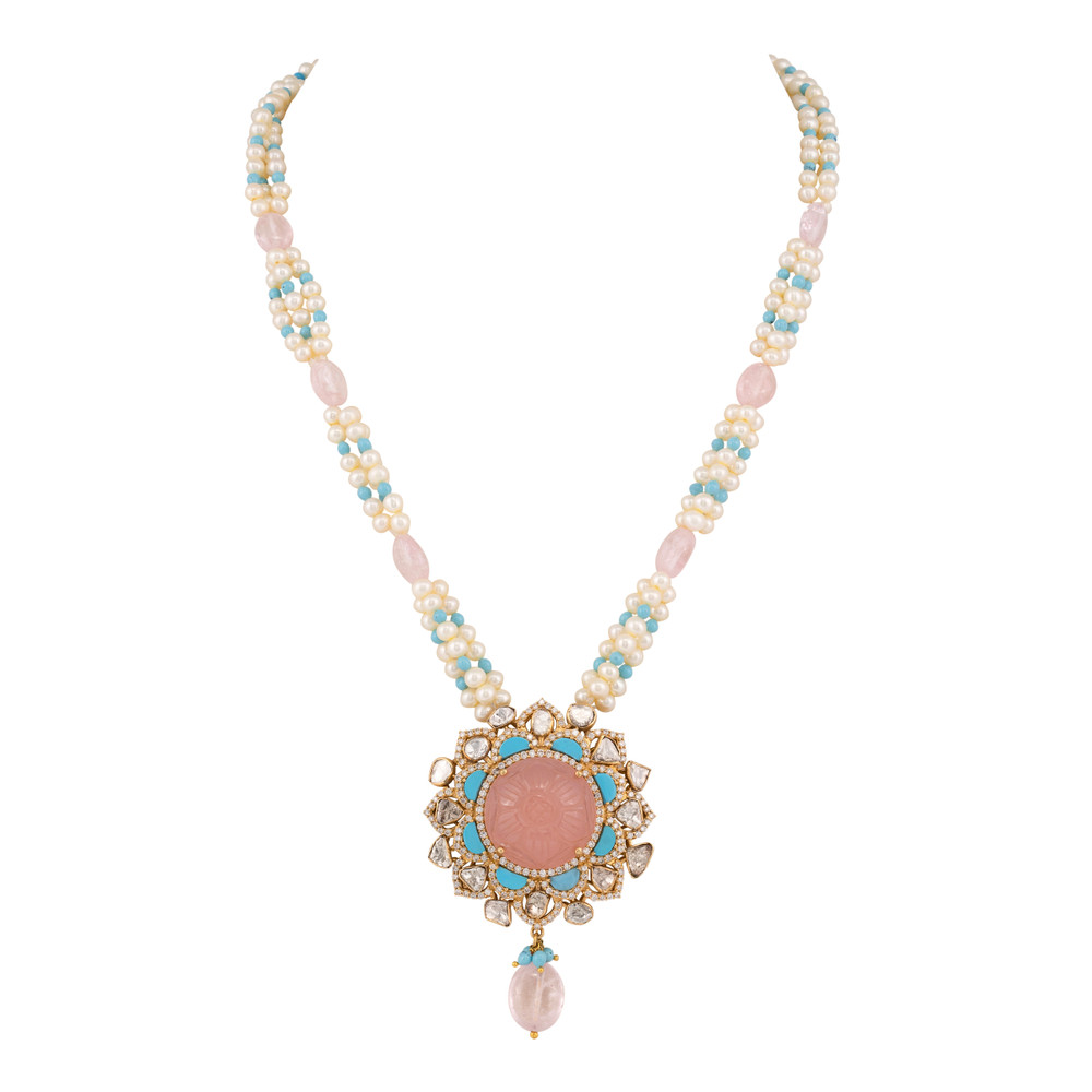 Carved Pink and Turquoise Gemstone Necklace with Polkis and Pearl